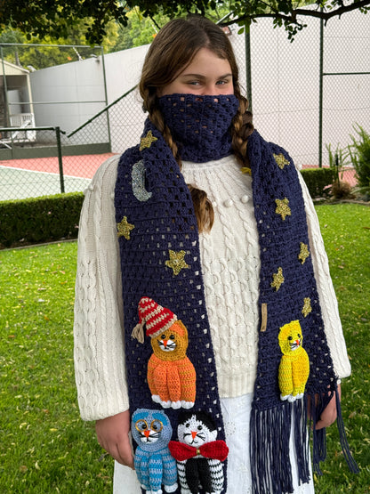 Handmade Crochet Cat Scarf – Navy Blue Winter Scarf with 3D Cats SA