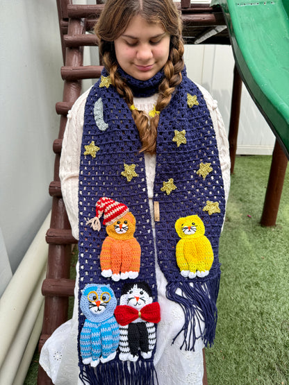 Handmade Crochet Cat Scarf – Navy Blue Winter Scarf with 3D Cats SA