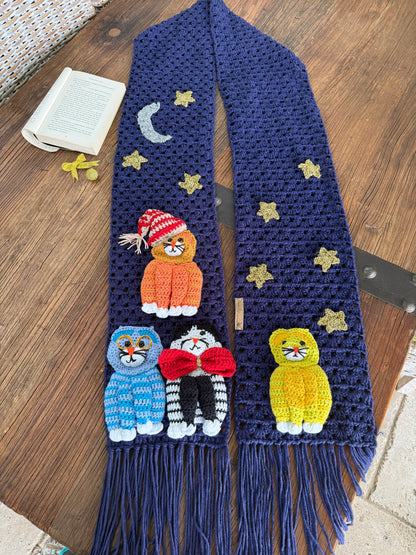 Handmade Crochet Cat Scarf – Navy Blue Winter Scarf with 3D Cats SA