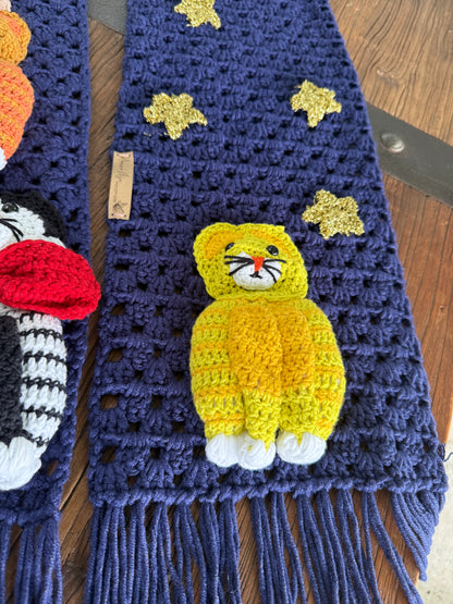 Handmade Crochet Cat Scarf – Navy Blue Winter Scarf with 3D Cats SA