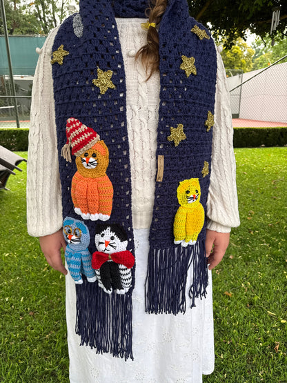 Handmade Crochet Cat Scarf – Navy Blue Winter Scarf with 3D Cats SA
