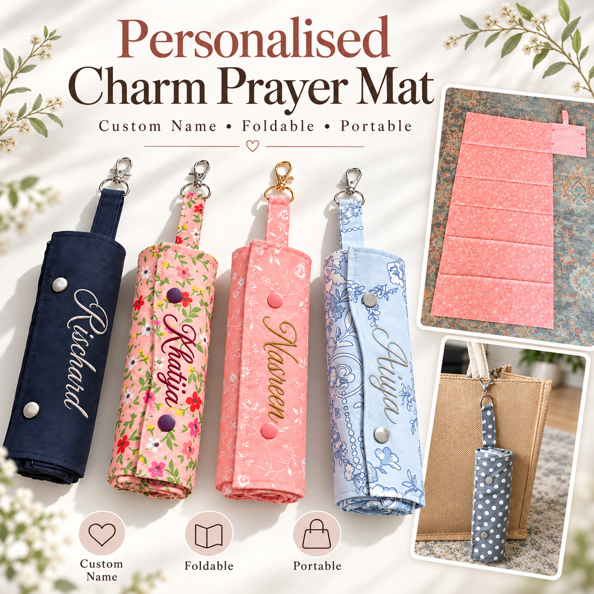 Personalised Charm Prayer Mat – Foldable Cotton Travel Prayer Mat