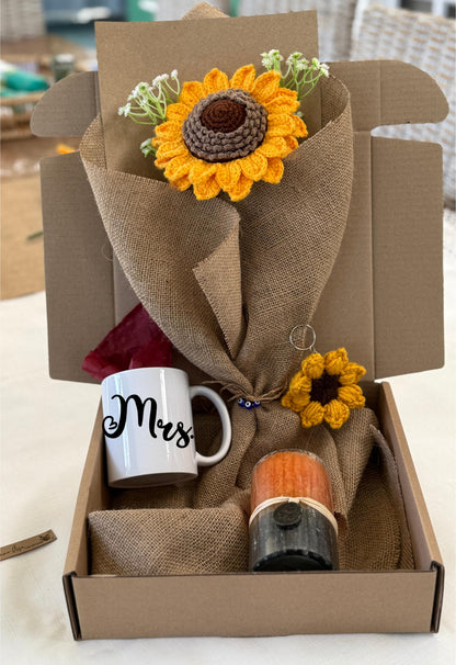 Personalized Sunflower Gift Box – Handmade Crochet Flower Bouquet, Custom Mug, Keychain & Candle Set SA