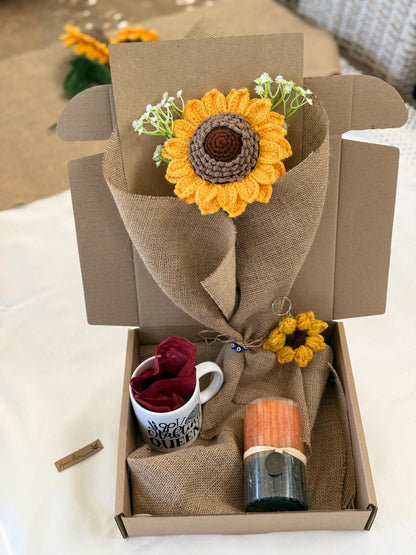Personalized Sunflower Gift Box – Handmade Crochet Flower Bouquet, Custom Mug, Keychain & Candle Set SA