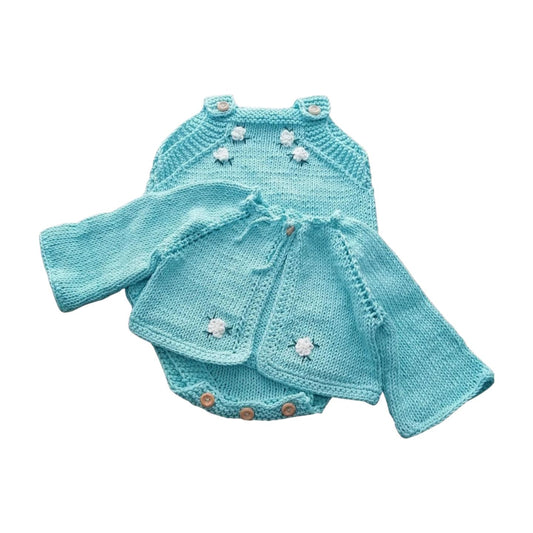 Handmade Baby Knit Set – 100% Cotton Cardigan & Romper (9–12M) | Aqua Blue Newborn Outfit | Baby Shower Gift | Fall Baby Clothes