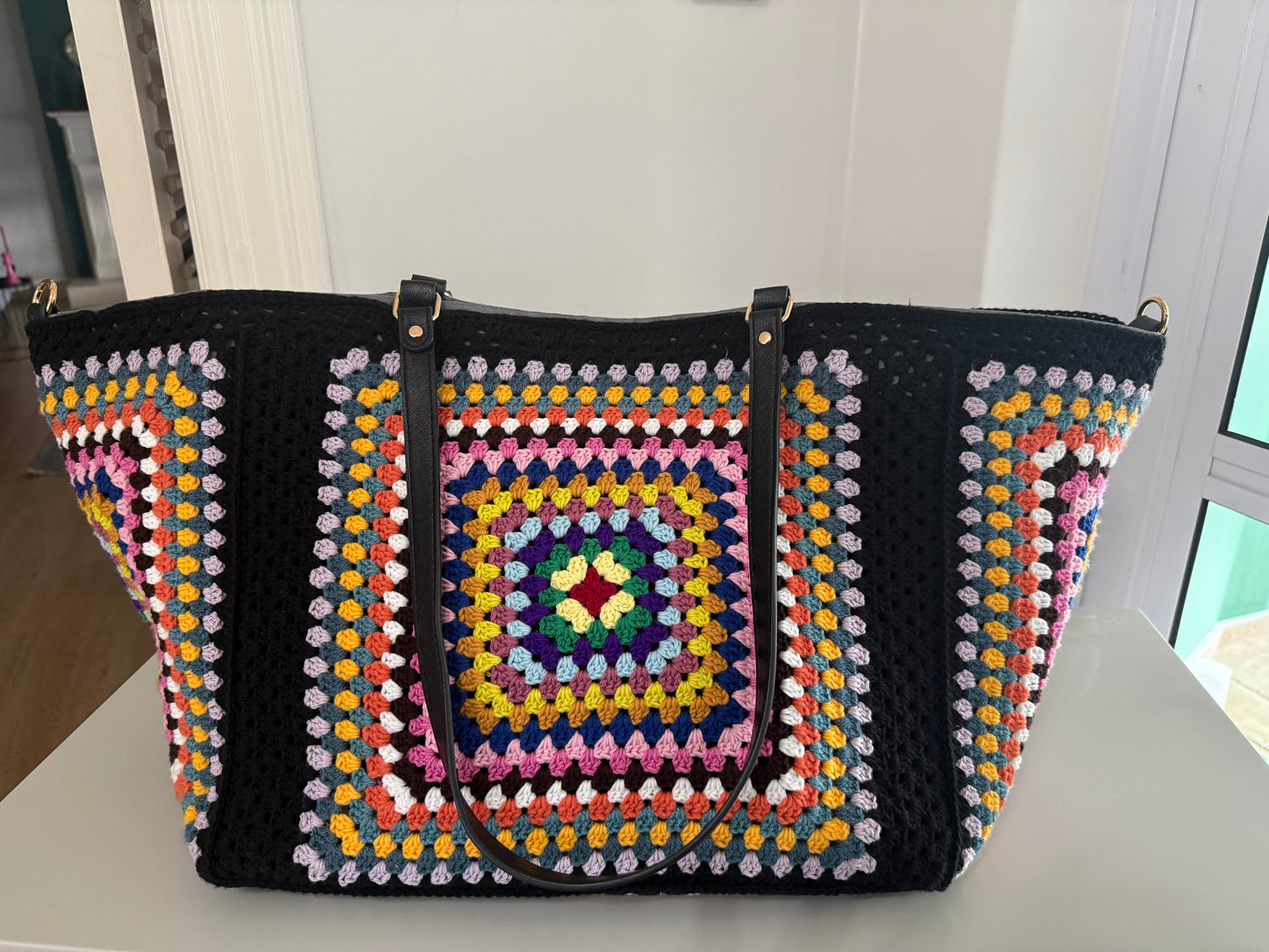 Colorful handmade granny square crochet Carryall XLarge bag by Hanne Aise Handmade