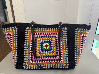 Colorful handmade granny square crochet Carryall XLarge bag by Hanne Aise Handmade