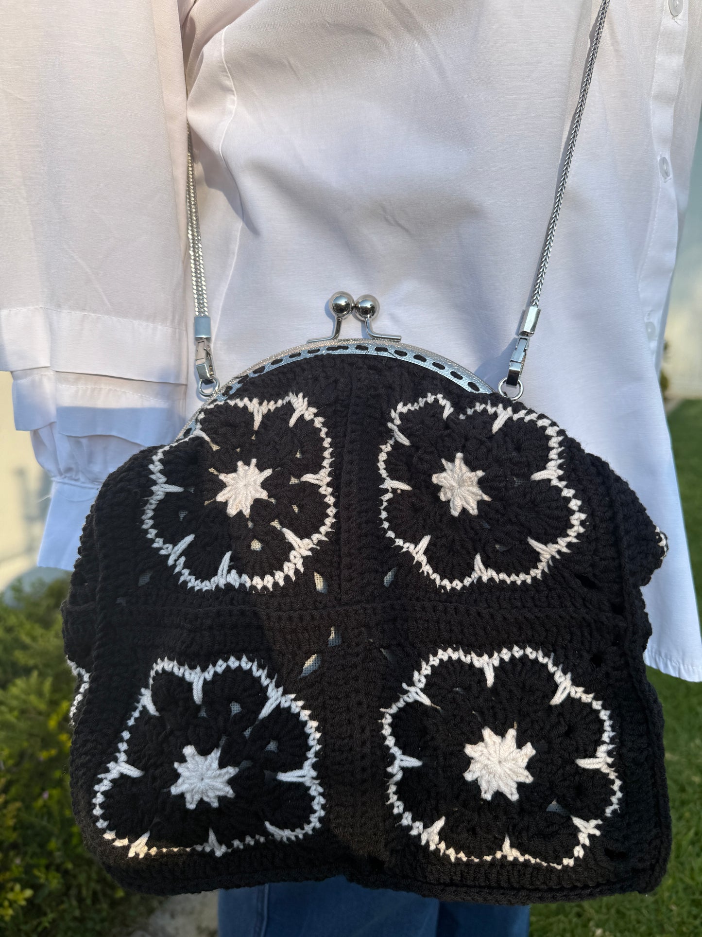 Black Crochet Kiss Lock Handbag