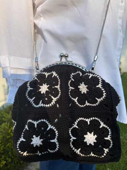 Black Crochet Kiss Lock Handbag