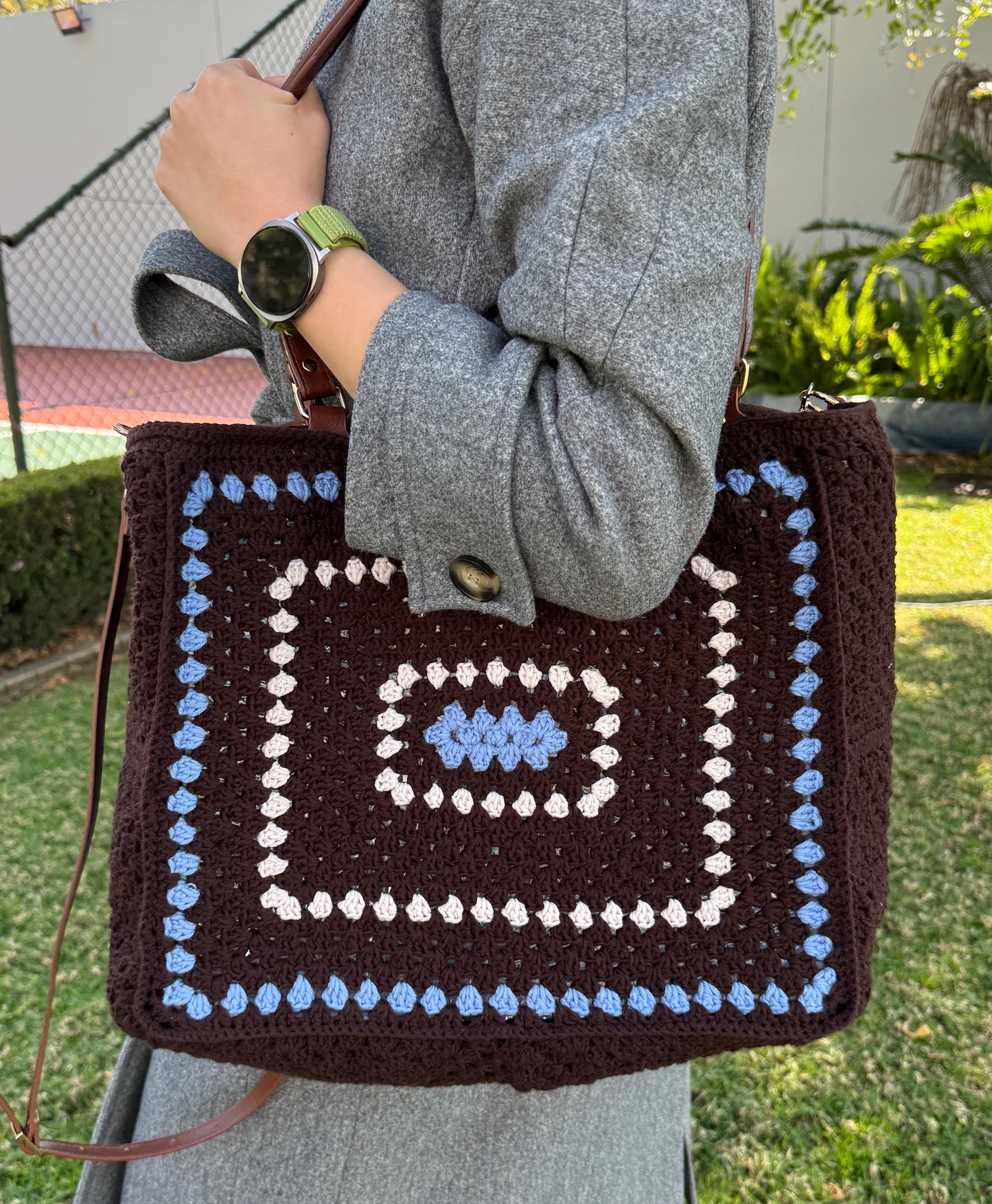Brown and blue handmade crochet tote bag from the Carryall Collection by Hanne Aise Handmade