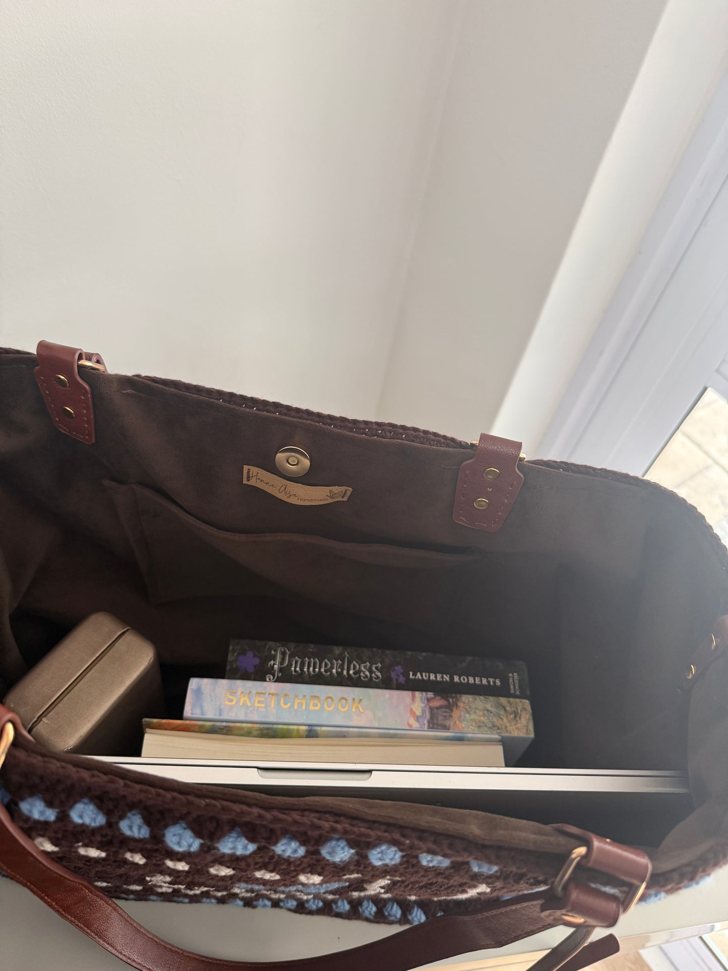 Large handmade crochet bag fitting books, sketchbook and laptop for daily use
