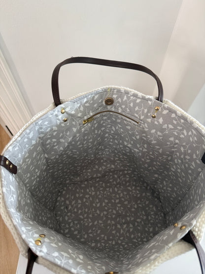 Fully lined large crochet tote bag with grey floral cotton lining and inner zip pocket