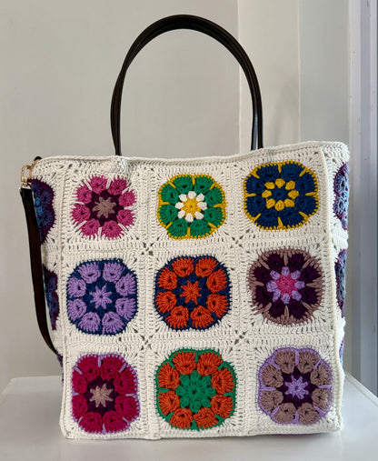 Large handmade cream crochet tote bag with colourful floral granny square front panel