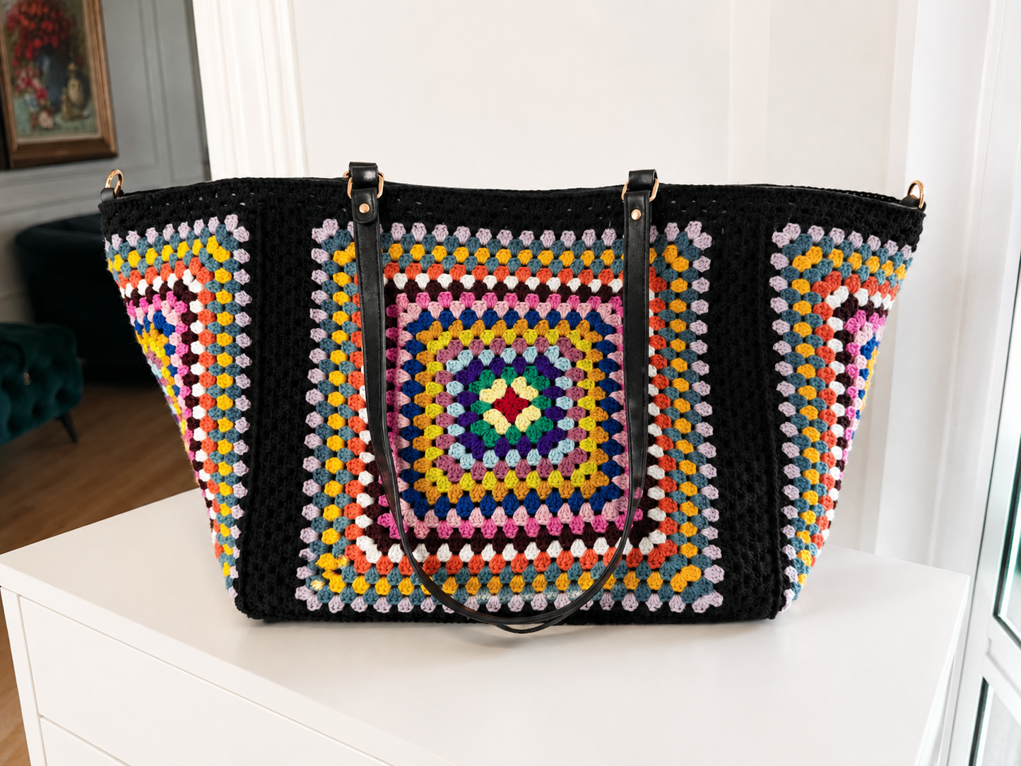 Premium handmade crochet carryall bag with colorful granny square design