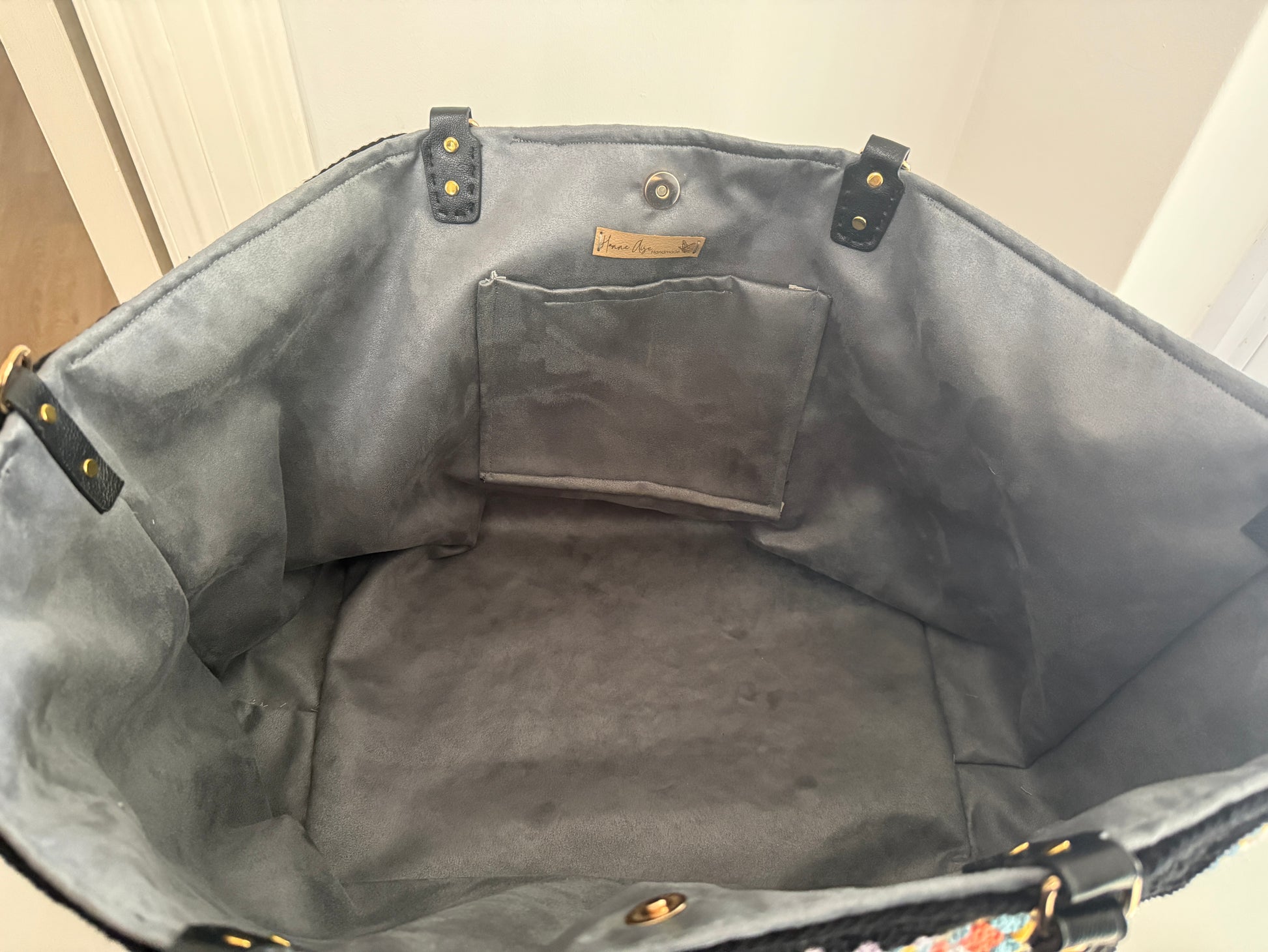 Carryall XLarge crochet bag shown open with spacious expandable shape