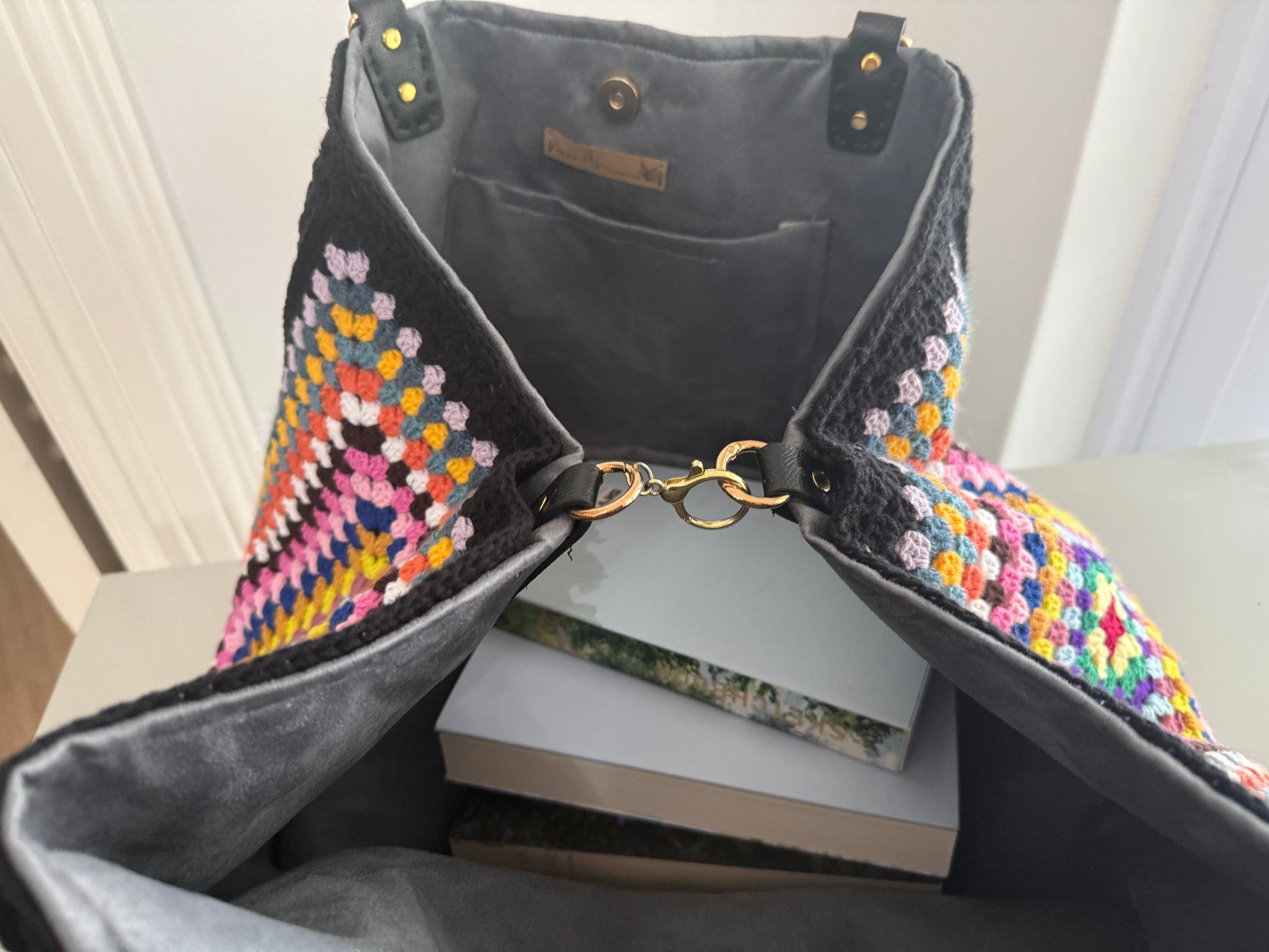 Colorful boho crochet shoulder bag handmade by Hanne Aise Handmade