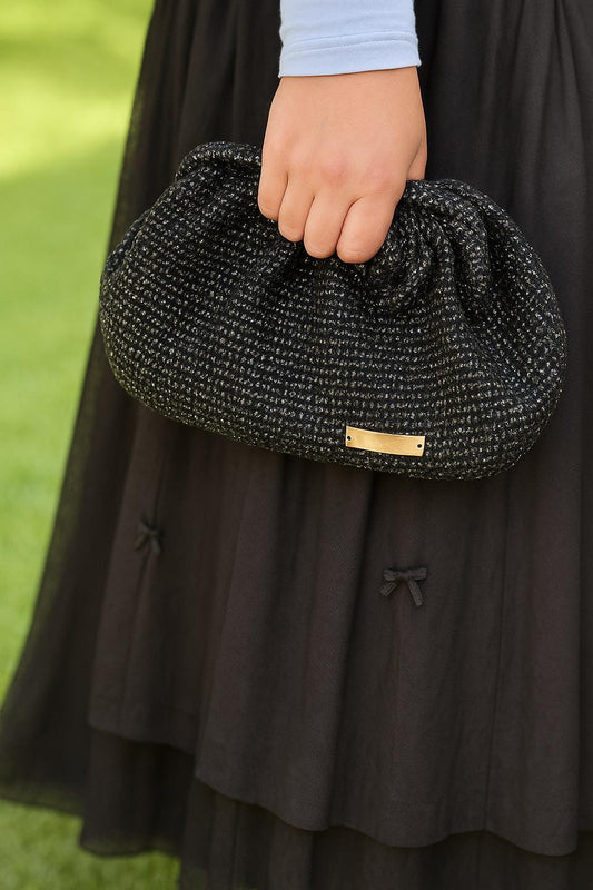 Elegant Black Crochet Clutch with Rosette Detail – Handmade Evening Purse