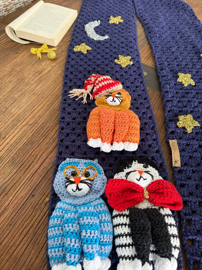 Handmade Crochet Cat Scarf – Navy Blue Winter Scarf with 3D Cats SA