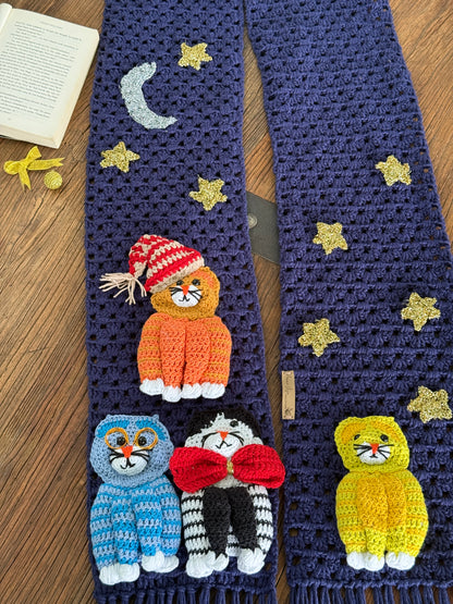 Handmade Crochet Cat Scarf – Navy Blue Winter Scarf with 3D Cats SA