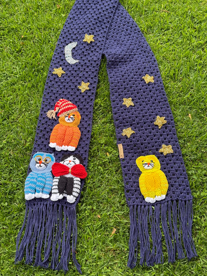 Handmade Crochet Cat Scarf – Navy Blue Winter Scarf with 3D Cats SA