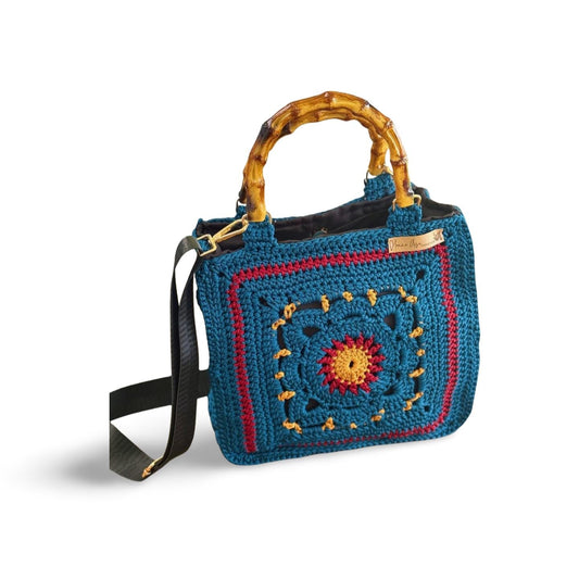 Handmade Crochet Boho Bag – Granny Square Tote with Lining & Bamboo Handles – Adjustable Strap – Gift for Her – Ready to Ship