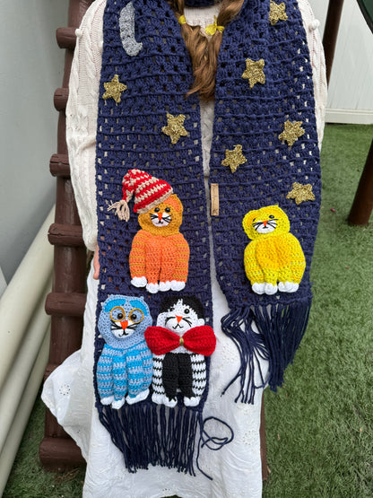 Handmade Crochet Cat Scarf – Navy Blue Winter Scarf with 3D Cats SA