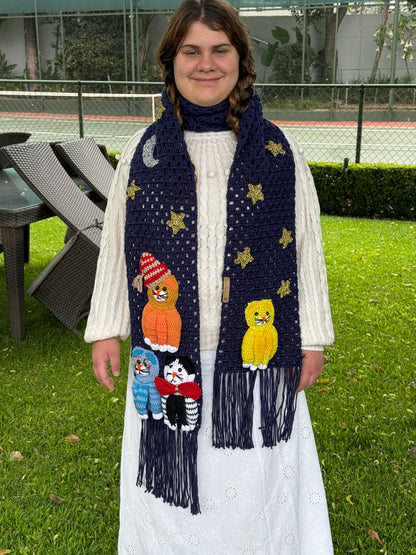 Handmade Crochet Cat Scarf – Navy Blue Winter Scarf with 3D Cats SA