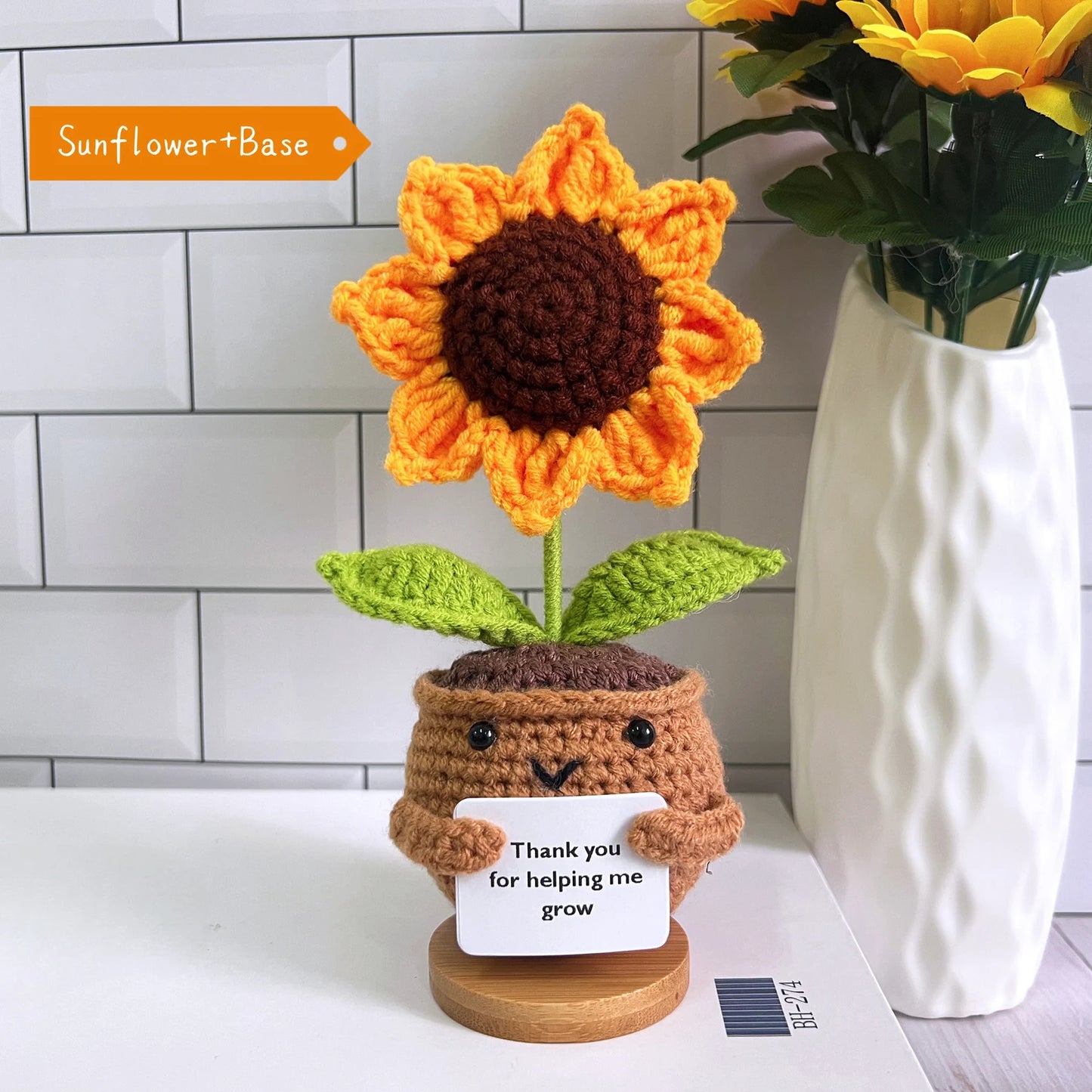 Mini crochet heart flower pot on wooden base
