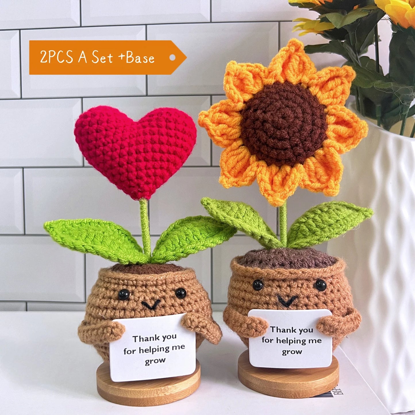 Mini Crochet Teacher Flowers – “Thank you for helping me grow” (with wooden base)