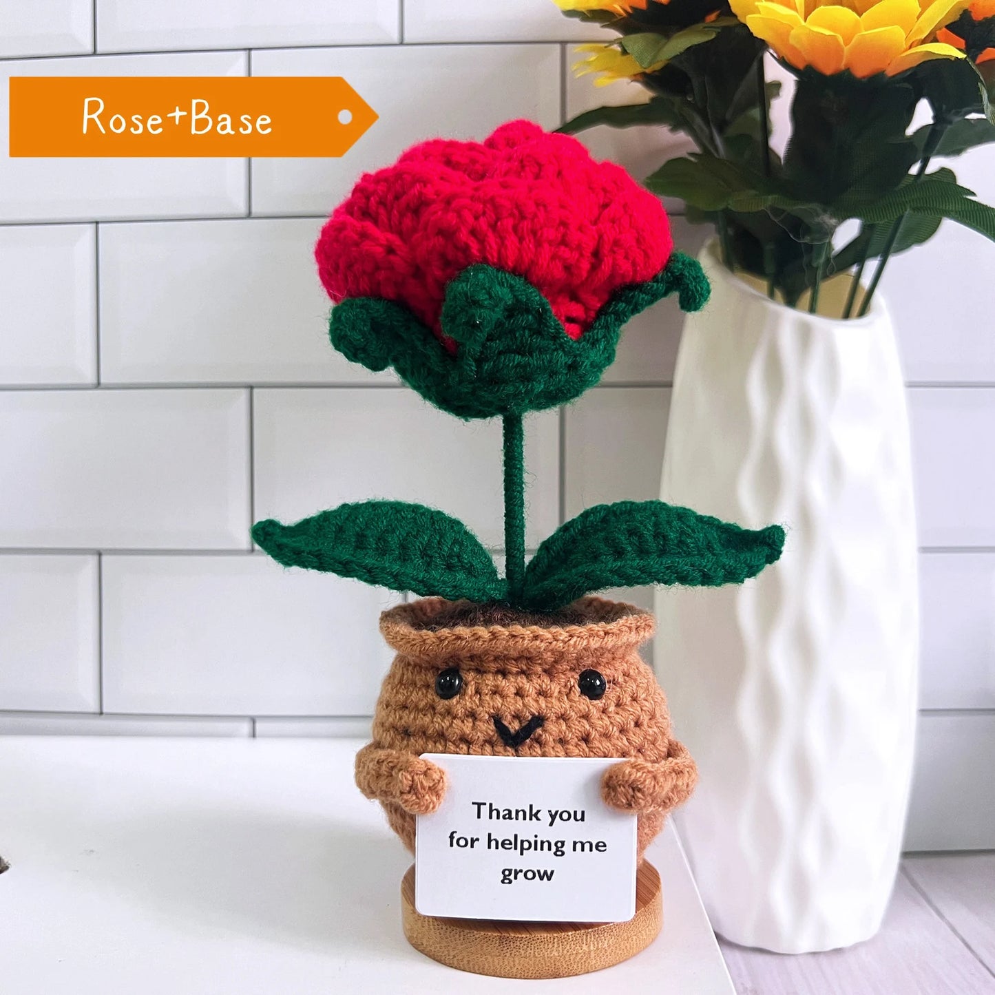 Mini crochet rose flower pot on wooden base