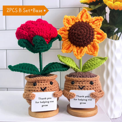 Mini Crochet Teacher Flowers – “Thank you for helping me grow” (with wooden base)
