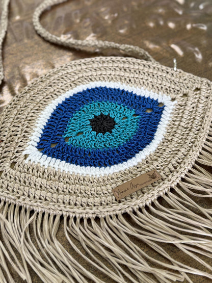 Crochet Evil Eye Crossbody Bag - Handmade Boho Rafia Handbag,Christmas Gift