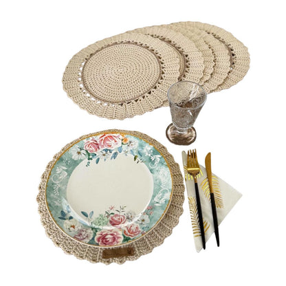 Crochet Placemat & Napkin Ring Set (Set of 6) - Boho Farmhouse Table Decor
