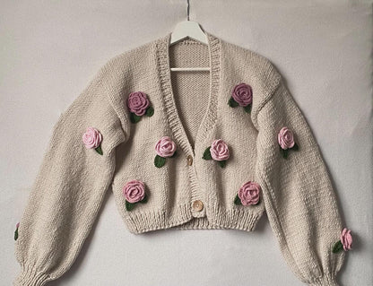 Handmade Crochet Rose Cardigan – Unique Floral Knit Sweater, Cottagecore Boho Jacket, Gift for Her