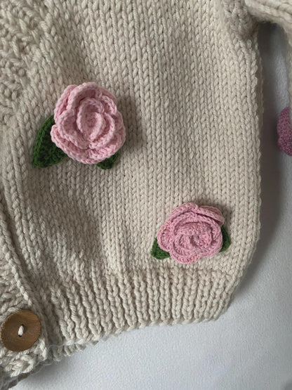 Handmade Crochet Rose Cardigan – Unique Floral Knit Sweater, Cottagecore Boho Jacket, Gift for Her