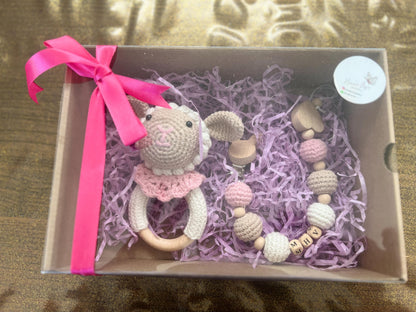 Handmade Crochet Baby Gift Set: Personalized Dummy Chain & Fox Rattle Toy