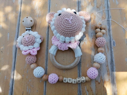 Handmade Crochet Baby Gift Set: Personalized Dummy Chain & Fox Rattle Toy