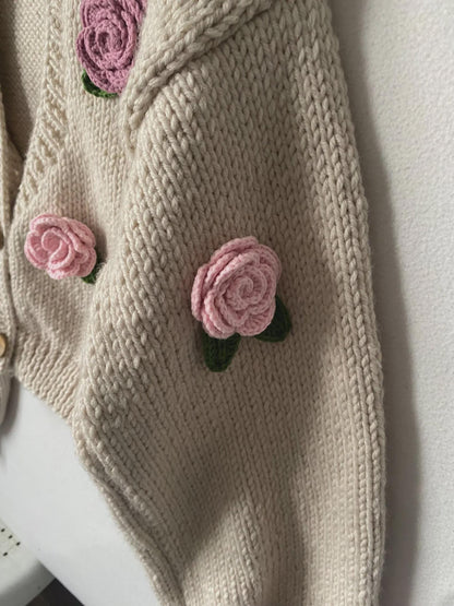 Handmade Crochet Rose Cardigan – Unique Floral Knit Sweater, Cottagecore Boho Jacket, Gift for Her