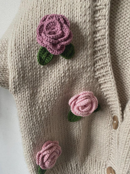 Handmade Crochet Rose Cardigan – Unique Floral Knit Sweater, Cottagecore Boho Jacket, Gift for Her