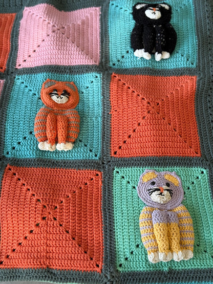 Colorful Crochet Cat Blanket – Handmade Throw, Cozy, Cat Lover Gift