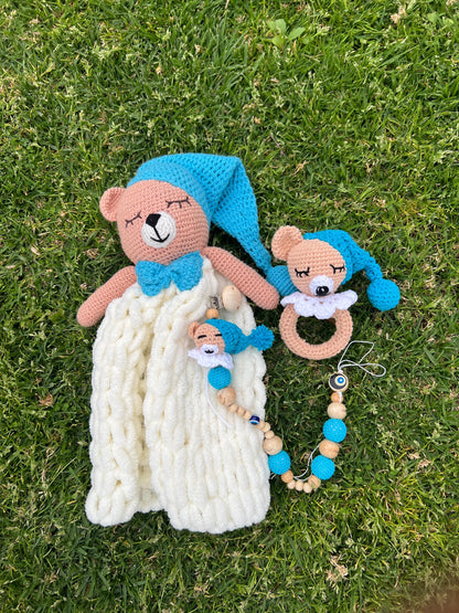 Handmade Baby Gift Set Personalized Dummy Chain,Rattle Toy and Snuggler