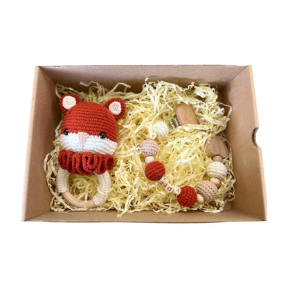 Handmade Crochet Baby Gift Set: Personalized Dummy Chain & Fox Rattle Toy