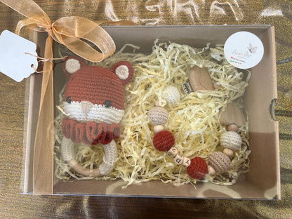 Handmade Crochet Baby Gift Set: Personalized Dummy Chain & Fox Rattle Toy