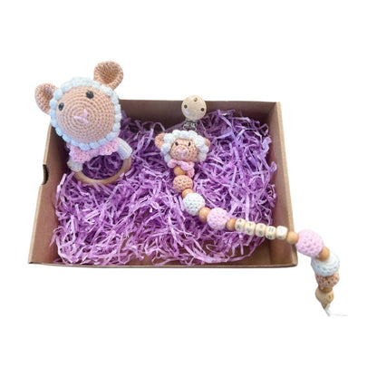 Handmade Crochet Baby Gift Set: Personalized Dummy Chain & Fox Rattle Toy