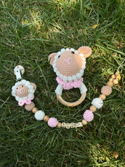 Handmade Crochet Baby Gift Set: Personalized Dummy Chain & Fox Rattle Toy