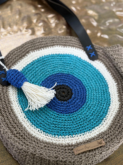 Crochet Evil Eye Shoulder Bag: Handmade Boho Purse with Leather Straps