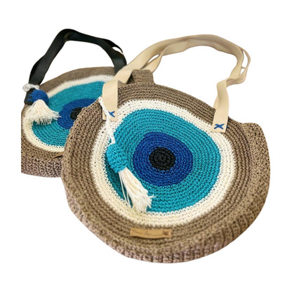Crochet Evil Eye Shoulder Bag: Handmade Boho Purse with Leather Straps
