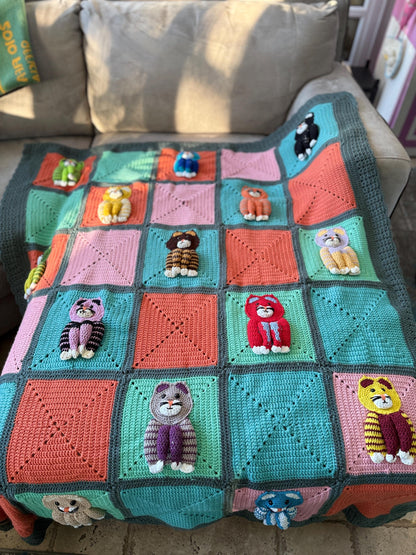 Colorful Crochet Cat Blanket – Handmade Throw, Cozy, Cat Lover Gift