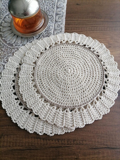 Crochet Placemat & Napkin Ring Set (Set of 6) - Boho Farmhouse Table Decor