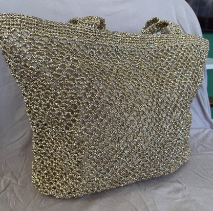 Gold Crochet Beach Bag: Handmade Lined Tote with Magnetic Closure
